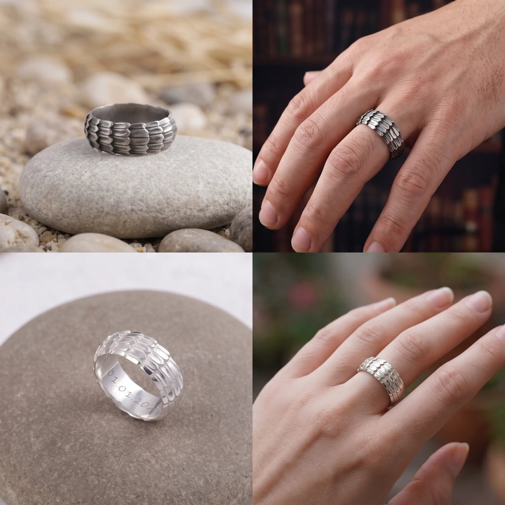 Men's Dragon Scale Ring, Personalized 925 Sterling Silver Band for Men, Custom Engraved Armor Promise Ring Gift