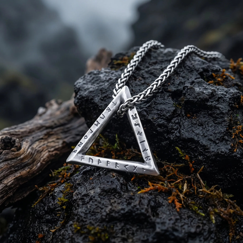 925 Sterling Silver Rune Necklace, Triangle Pendant, Gothic Viking Inspired Jewelry