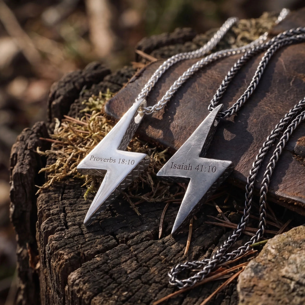 925 Sterling Silver Lightning Bolt Necklace, Christian Bible Verse Pendant, Mens Faith Jewelry