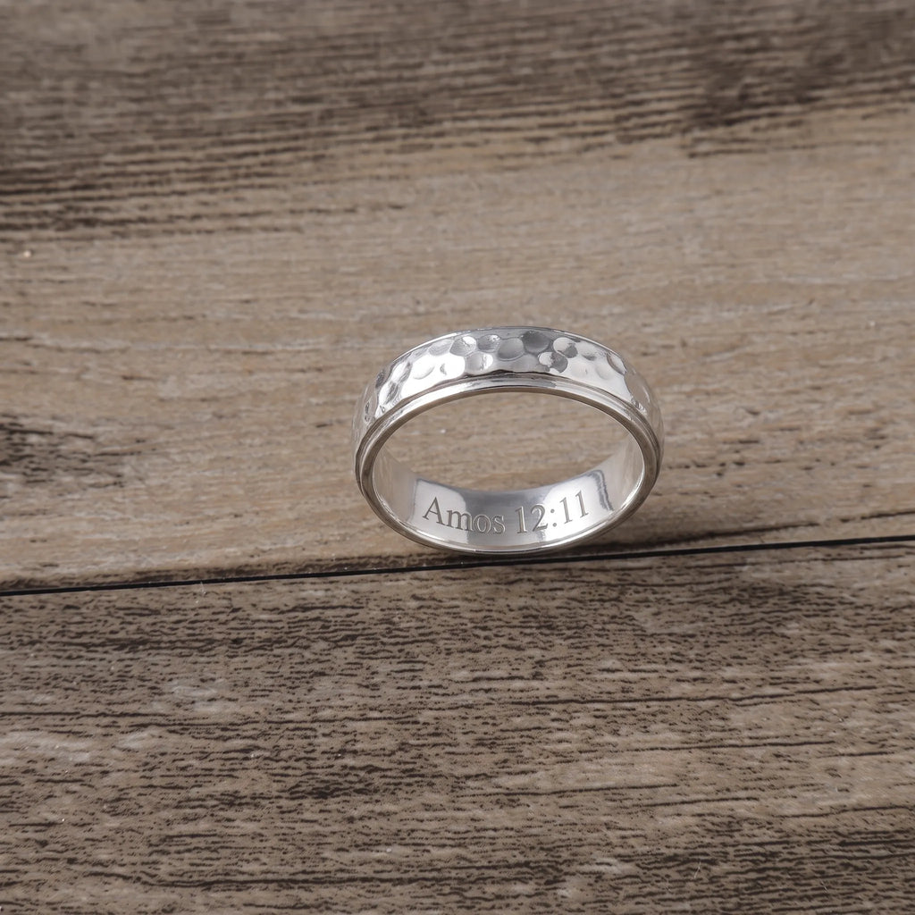 925 Sterling Silver Hammered Ring, Oxidized Textured Band for Men, Custom Engraved Ring, Rustic Wedding Band