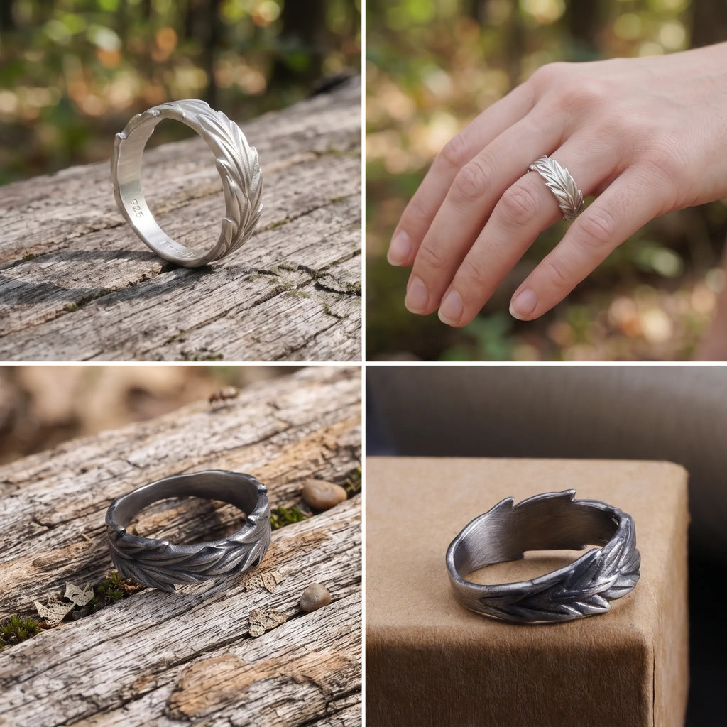 Vintage Oxidized 925 Sterling Silver Olive Leaf Ring-Custom Gift for Him
