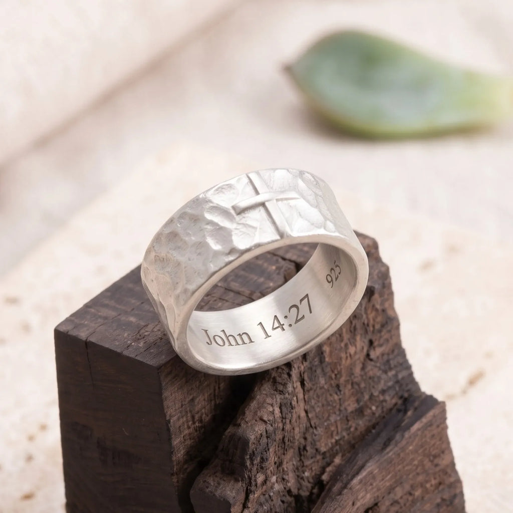 925 Sterling Silver Hammered Cross Matching Couple Rings, Custom Engraved Textured Wedding Bands for Him & Her, Promise Ring