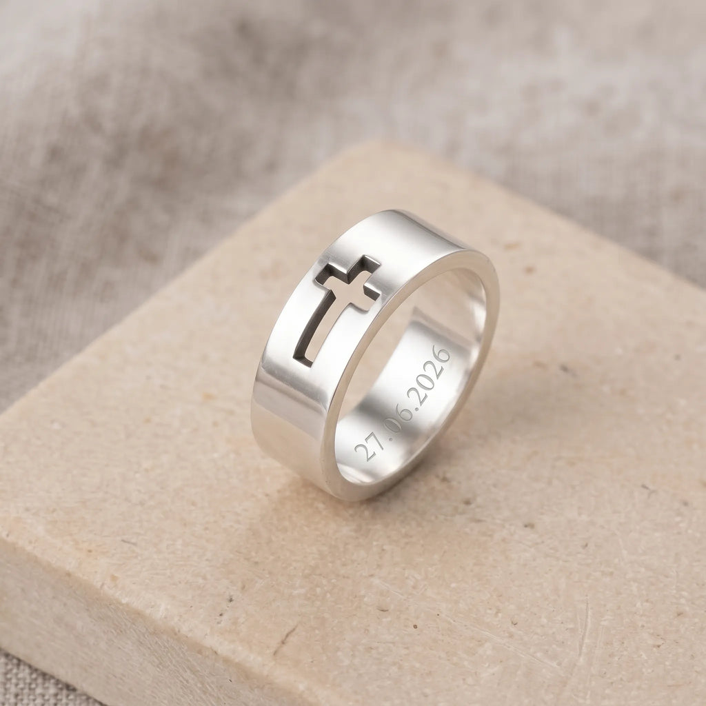 Personalized 925 Sterling Silver Cutout Cross Ring for Men Custom Engraved