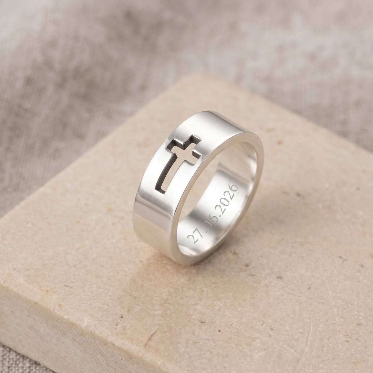 Personalized 925 Sterling Silver Cutout Cross Ring for Men Custom Engraved