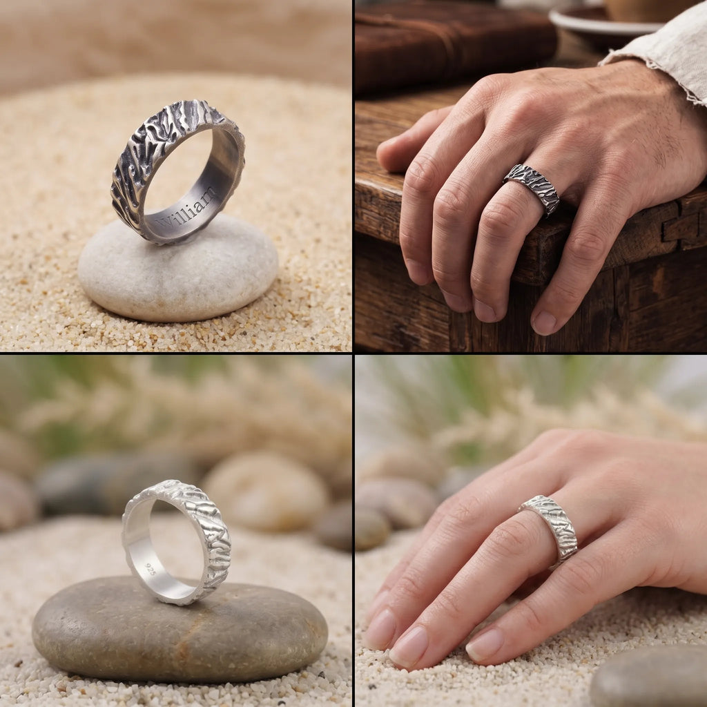 Custom Engraved Men's 925 Sterling Silver Lava Textured Ring