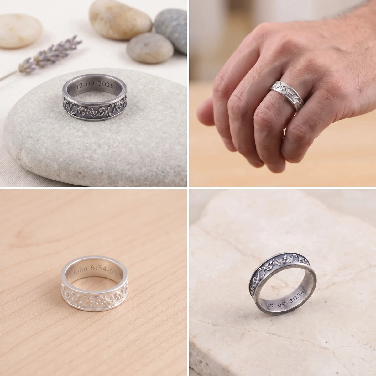 Personalized Vintage Acanthus Leaf 925 Sterling Silver Band, Custom Engraved Men's Ring