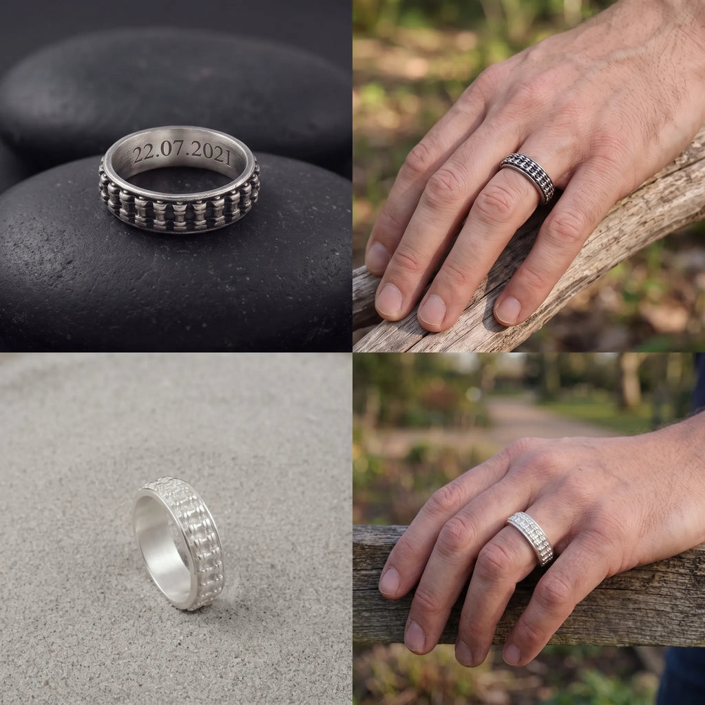 Personalised Men’s Oxidised 925 Sterling Silver Motorcycle Chain Ring Band