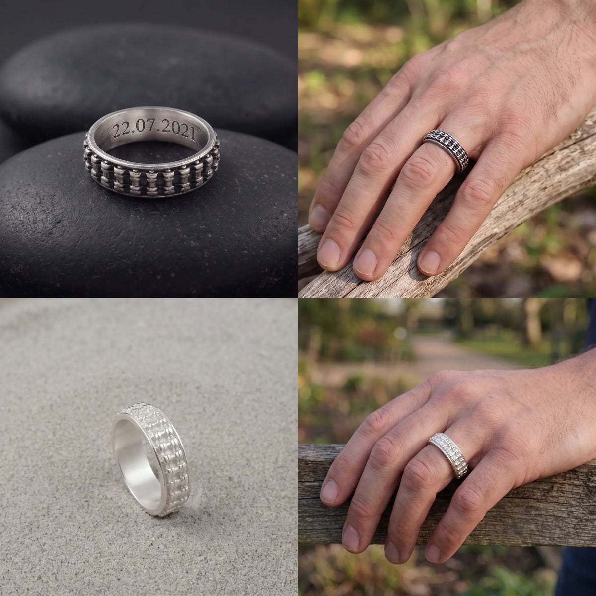Personalised Men’s Oxidised 925 Sterling Silver Motorcycle Chain Ring Band