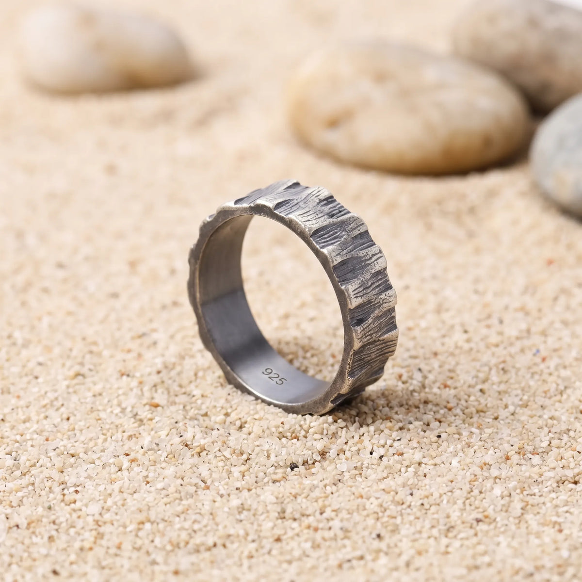Custom Engraved Bark Textured 925 Sterling Silver Ring for Men