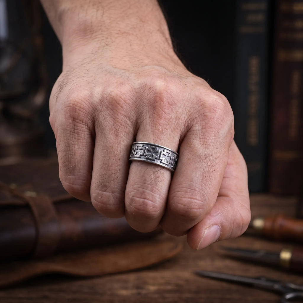 Custom Men's Maltese Cross Ring - Engraved Vintage 925 Sterling Silver Band