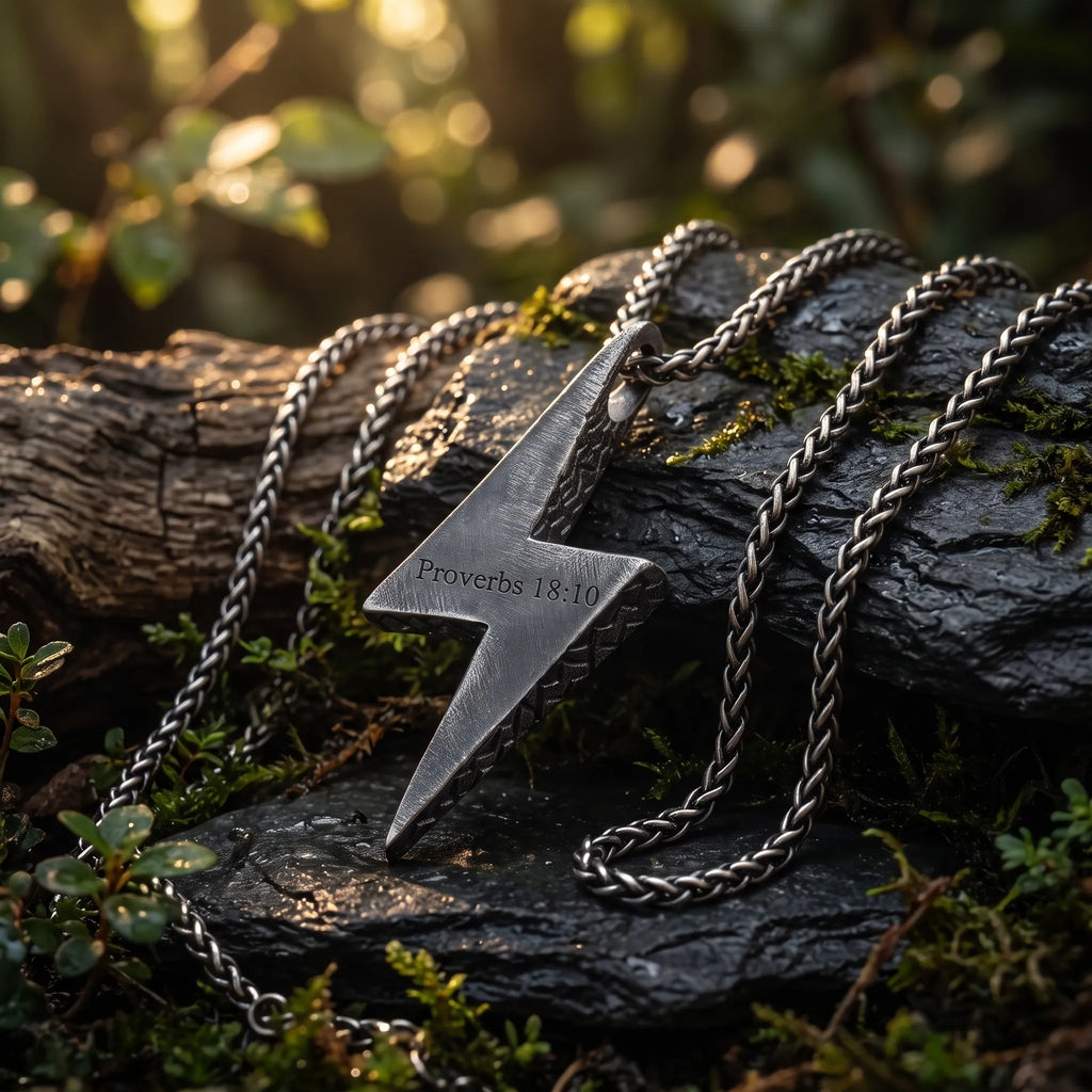 925 Sterling Silver Lightning Bolt Necklace, Christian Bible Verse Pendant, Mens Faith Jewelry