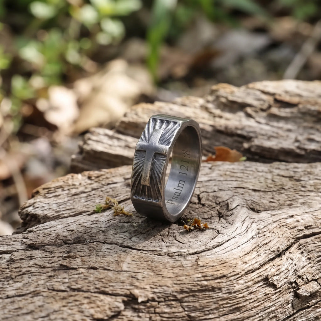 Custom Engraved 925 Sterling Silver Cross Signet Ring, Religious Faith Band for Men