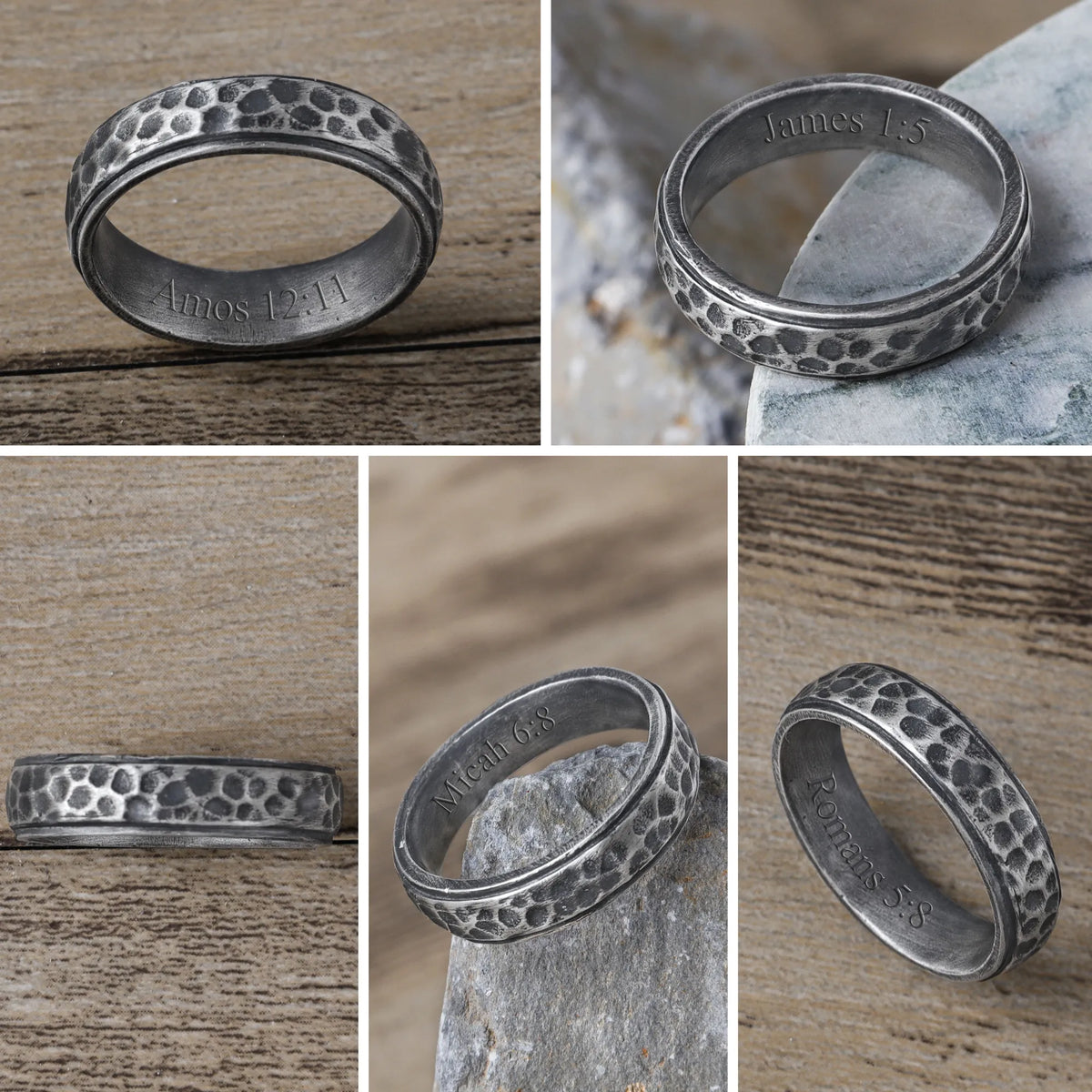 925 Sterling Silver Hammered Ring, Oxidized Textured Band for Men, Custom Engraved Ring, Rustic Wedding Band