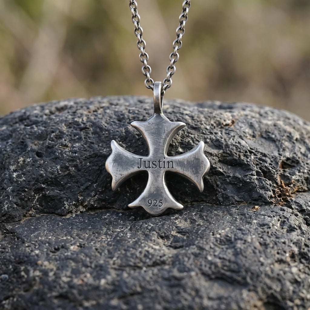 925 Sterling Silver Maltese Cross Necklace, Custom Engravable Medieval Talisman Jewelry