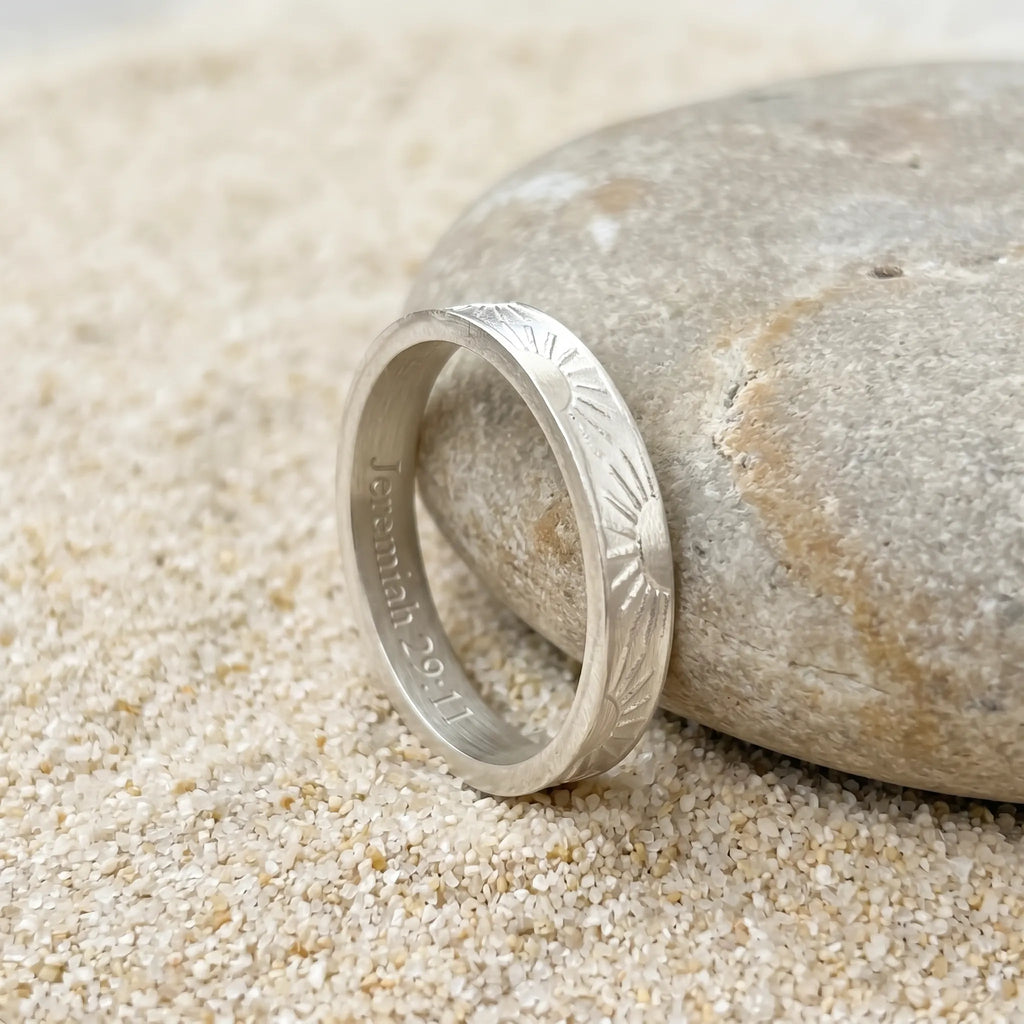 Unisex Sunrise Engraved Solid 925 Sterling Silver Ring-Personalized Memory Band, Wedding Bands