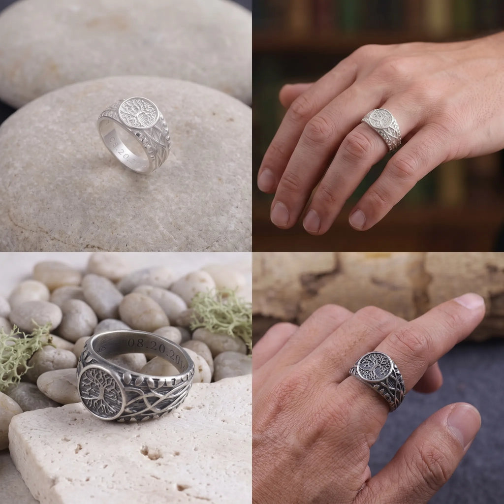 Men’s Personalized 925 Sterling Silver Tree of Life Ring, Celtic Family Tree Signet Band