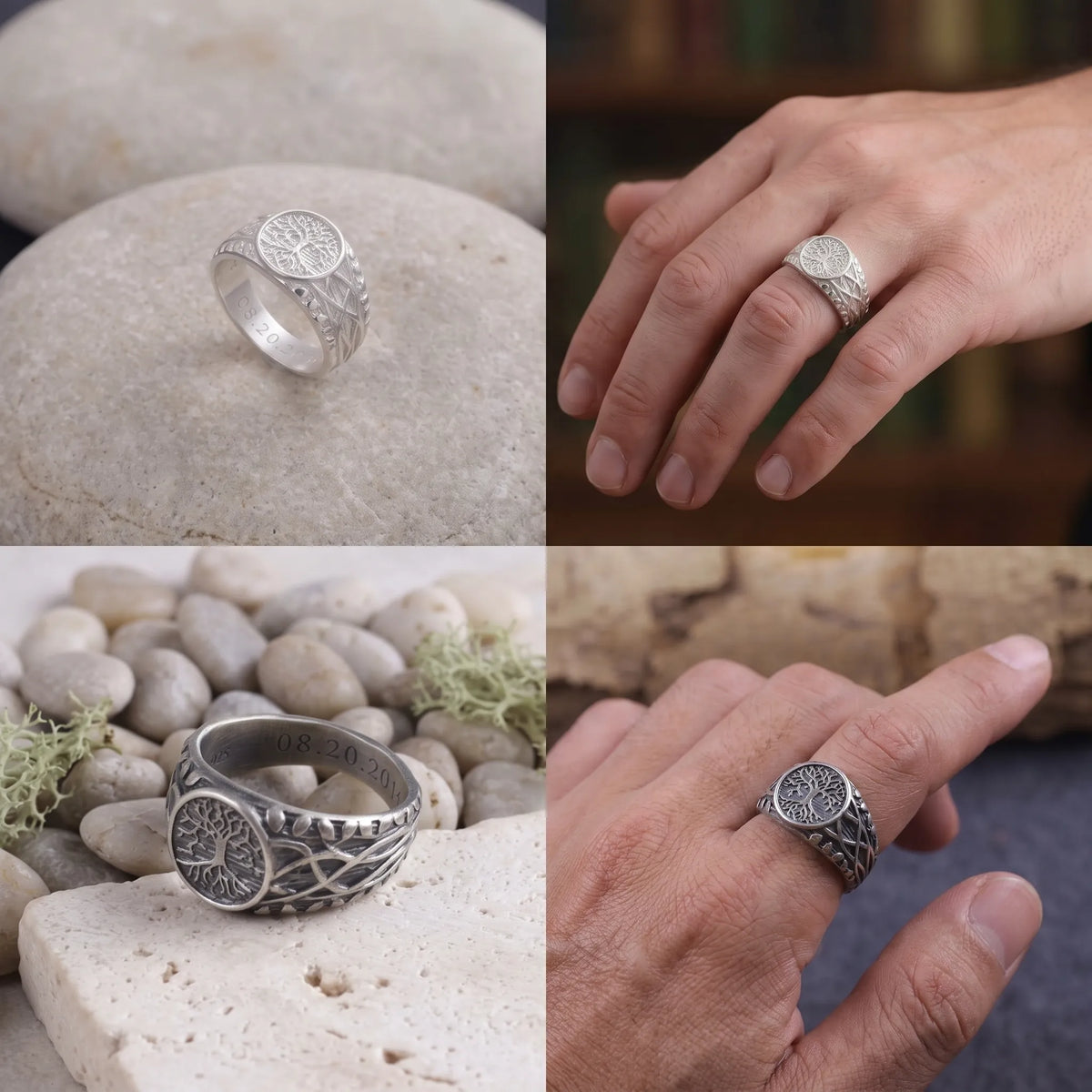 Men’s Personalized 925 Sterling Silver Tree of Life Ring, Celtic Family Tree Signet Band