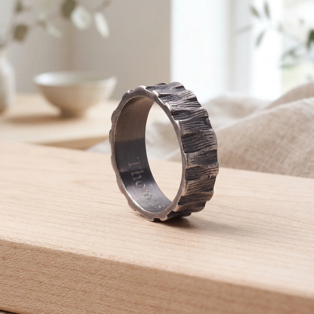 Custom Engraved Bark Textured 925 Sterling Silver Ring for Men
