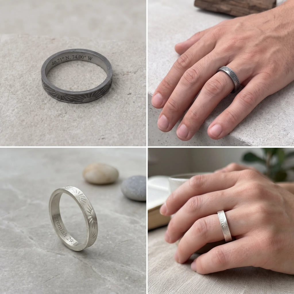 Unisex Sunrise Engraved Solid 925 Sterling Silver Ring-Personalized Memory Band, Wedding Bands