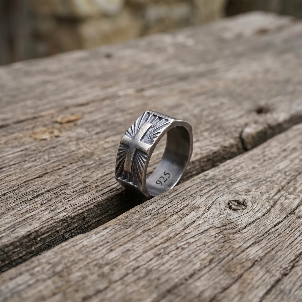 Custom Engraved 925 Sterling Silver Cross Signet Ring, Religious Faith Band for Men