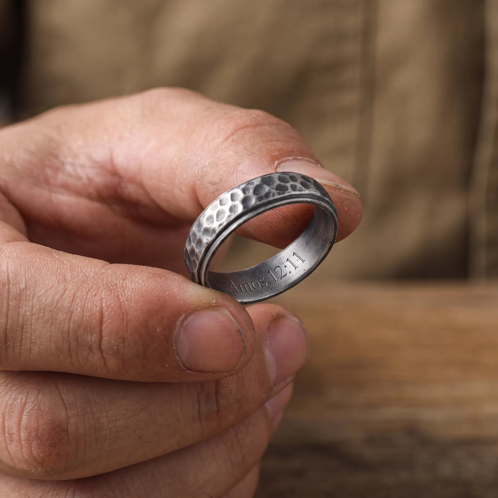 925 Sterling Silver Hammered Ring, Oxidized Textured Band for Men, Custom Engraved Ring, Rustic Wedding Band