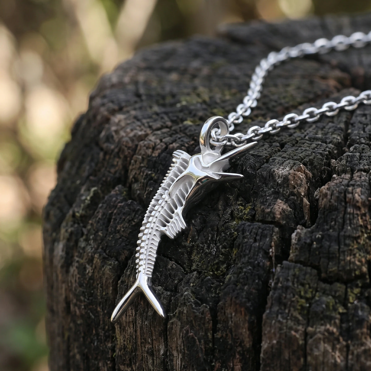 925 Sterling Silver Sailfish Skeleton Pendant Necklace, Vintage Marlin Fish Bone Jewelry