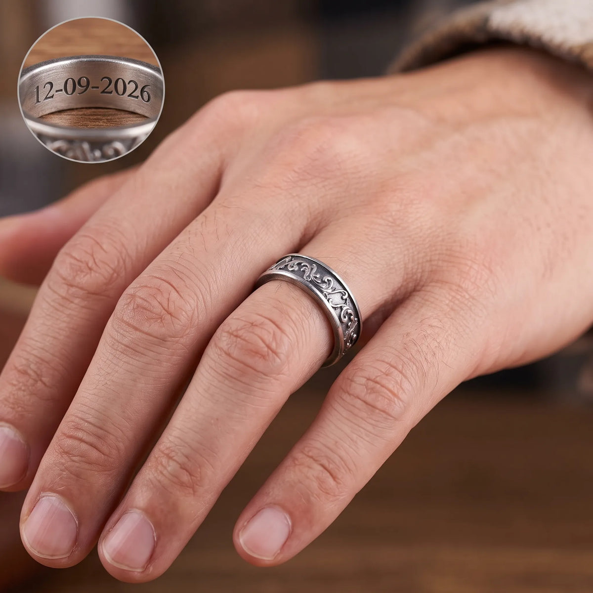 Personalized Vintage Acanthus Leaf 925 Sterling Silver Band, Custom Engraved Men's Ring