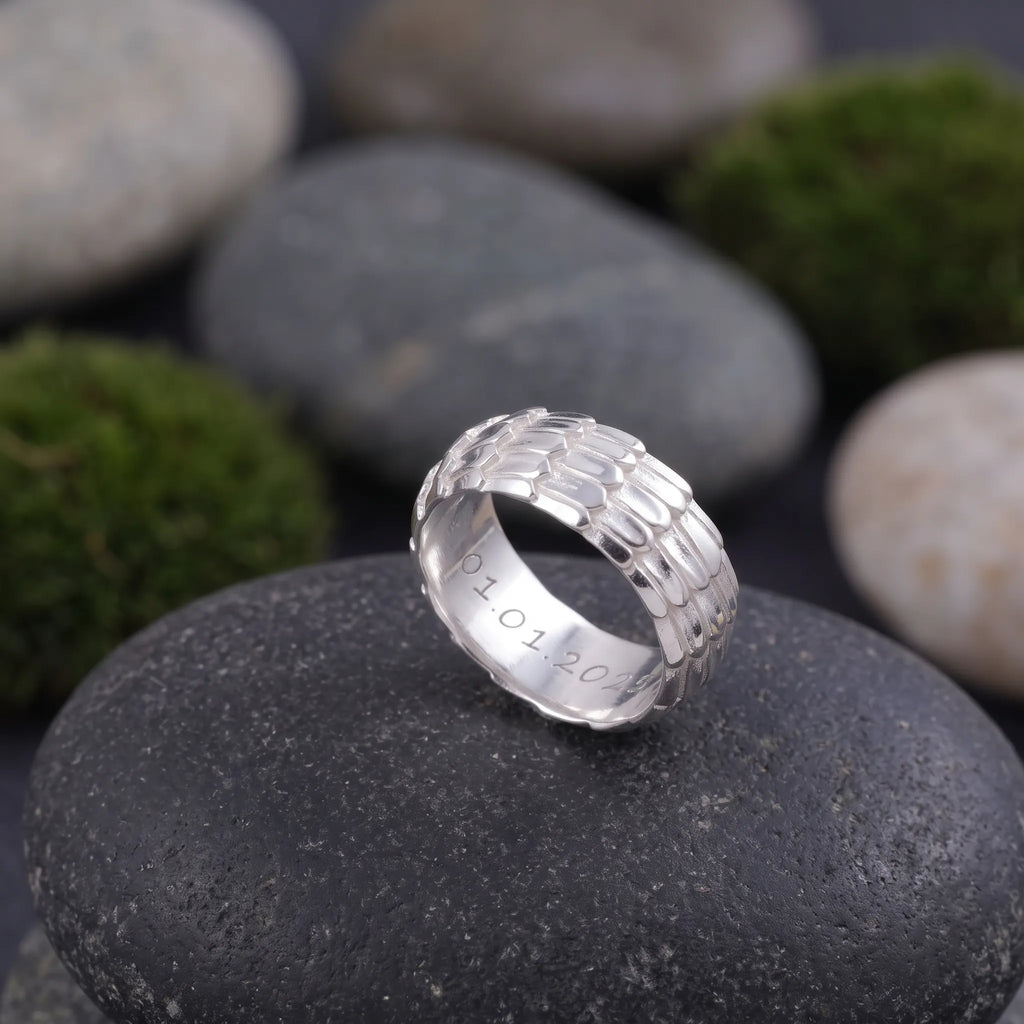 Men's Dragon Scale Ring, Personalized 925 Sterling Silver Band for Men, Custom Engraved Armor Promise Ring Gift