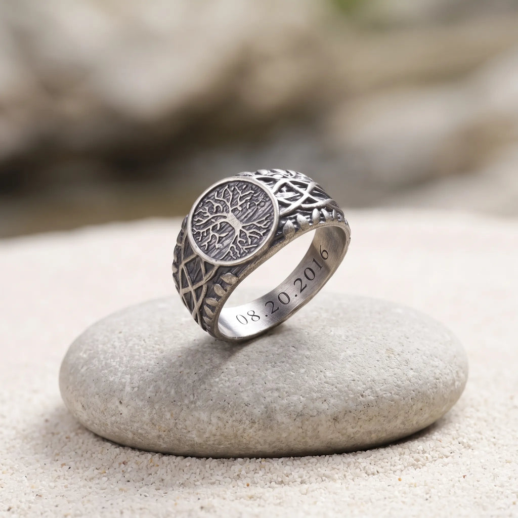 Men’s Personalized 925 Sterling Silver Tree of Life Ring, Celtic Family Tree Signet Band