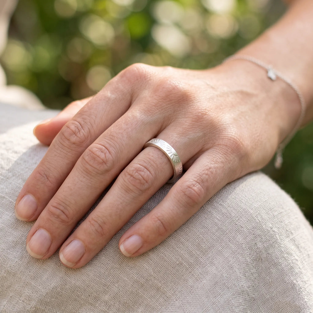 Unisex Sunrise Engraved Solid 925 Sterling Silver Ring-Personalized Memory Band, Wedding Bands