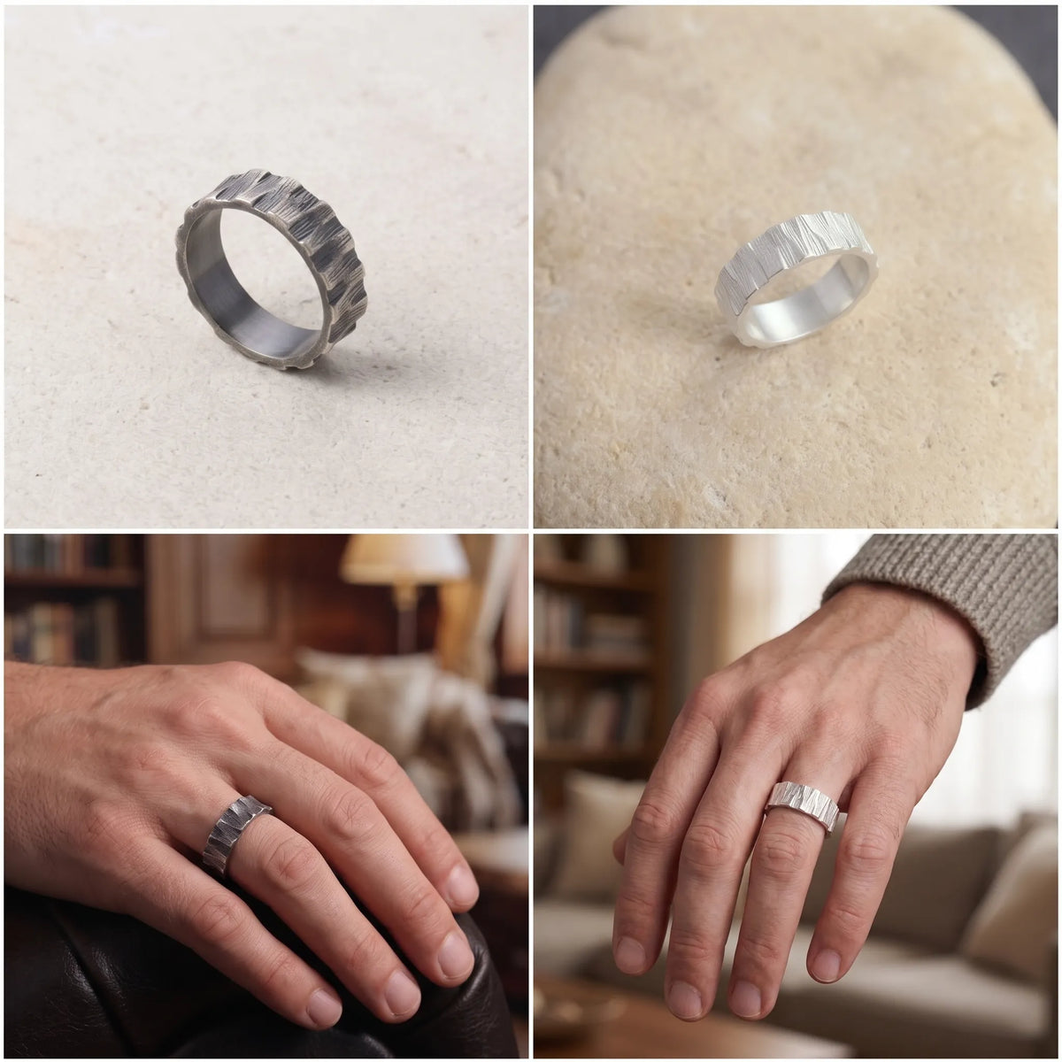 Custom Engraved Bark Textured 925 Sterling Silver Ring for Men