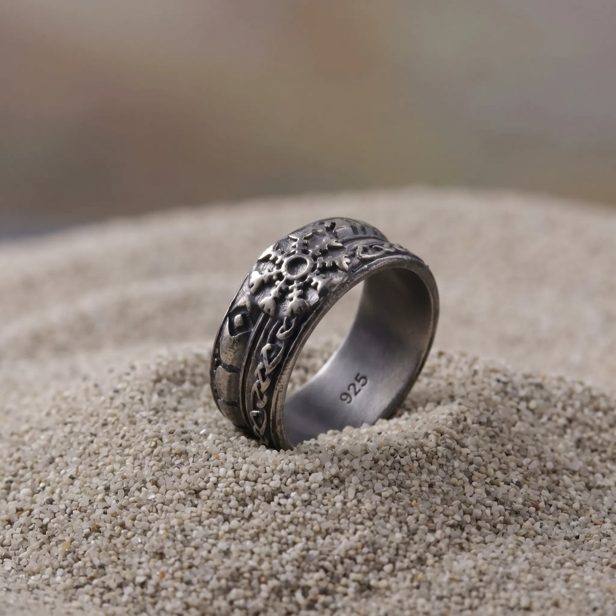 Personalized 925 Sterling Silver Viking Compass Ring Custom Engraved Mens Band
