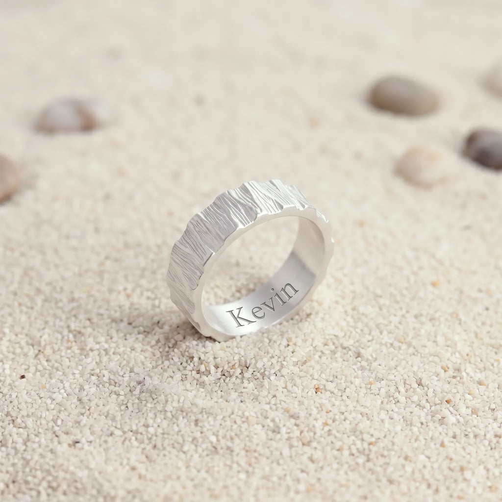 Custom Engraved Bark Textured 925 Sterling Silver Ring for Men