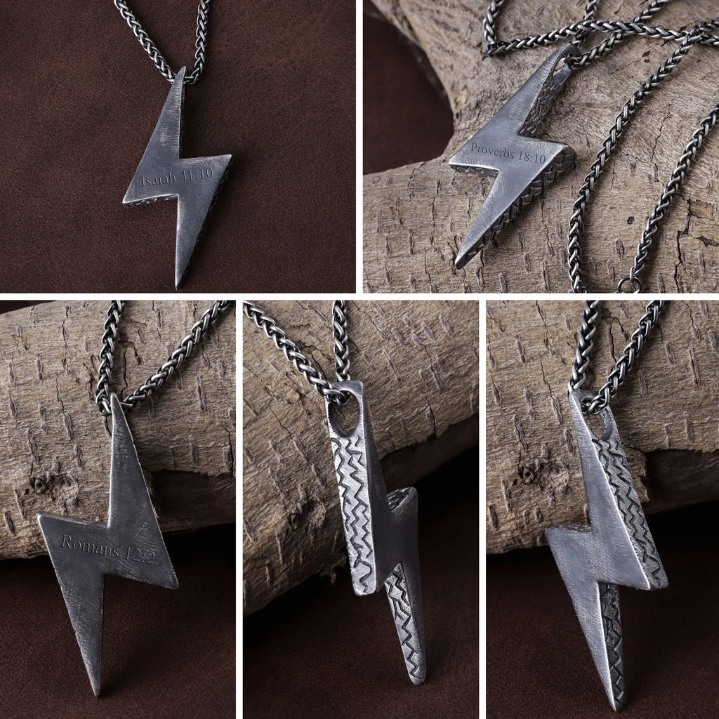 925 Sterling Silver Lightning Bolt Necklace, Christian Bible Verse Pendant, Mens Faith Jewelry