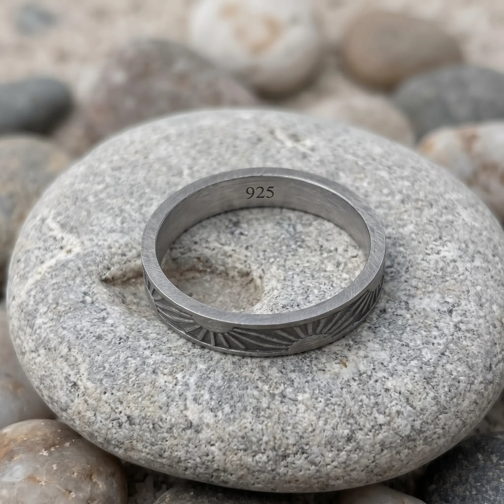 Unisex Sunrise Engraved Solid 925 Sterling Silver Ring-Personalized Memory Band, Wedding Bands