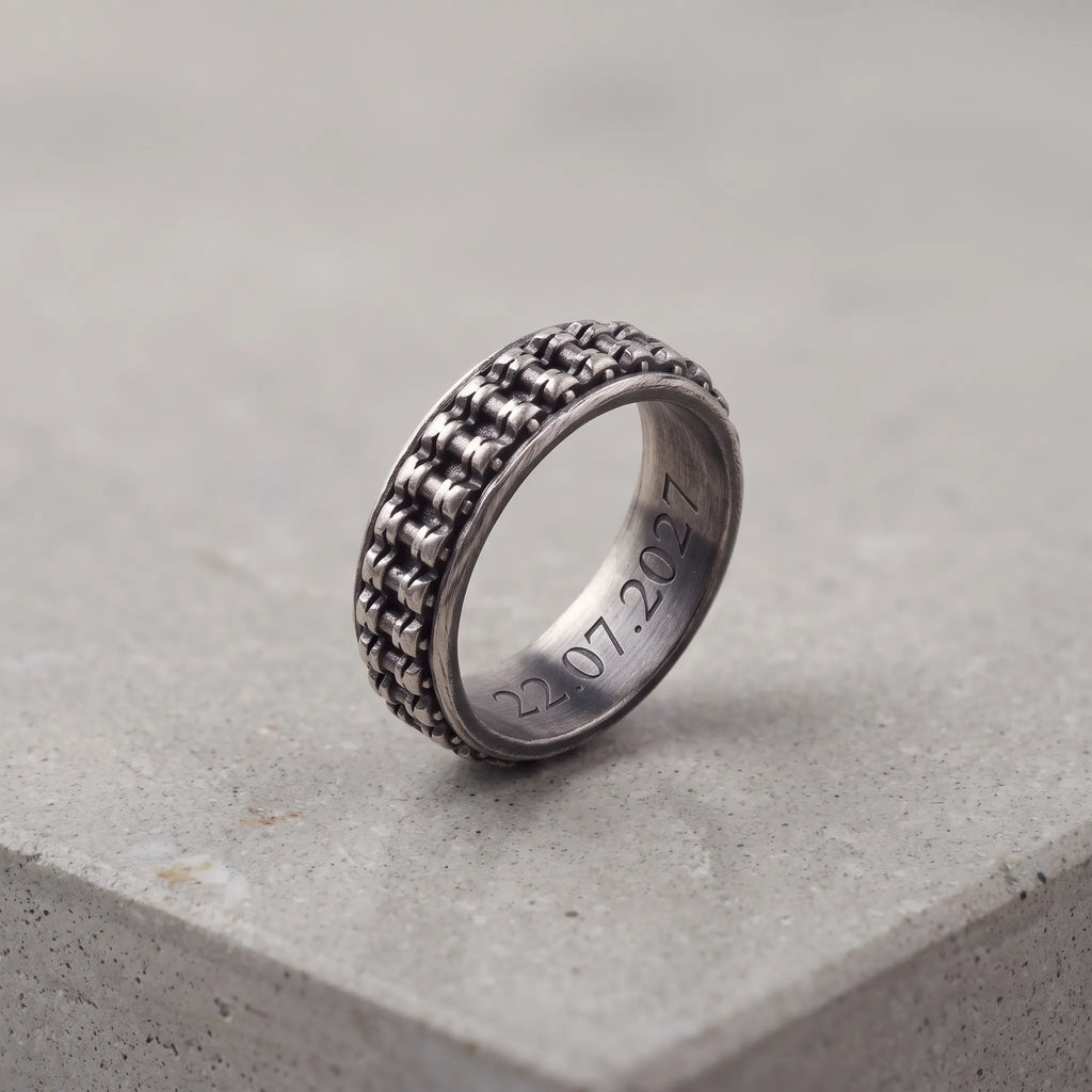 Personalised Men’s Oxidised 925 Sterling Silver Motorcycle Chain Ring Band