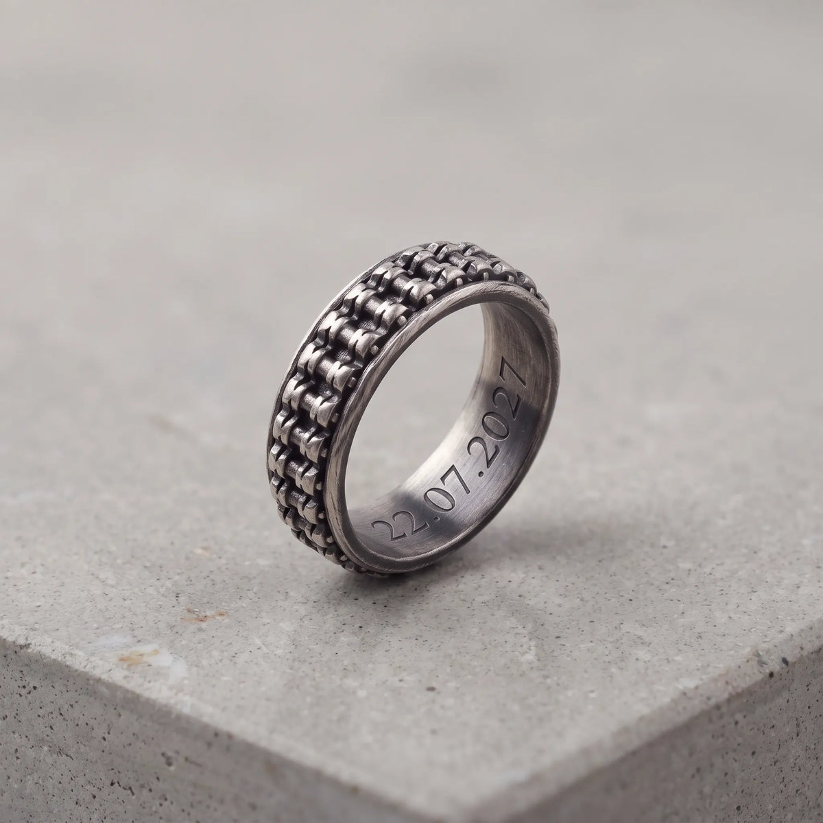 Personalised Men’s Oxidised 925 Sterling Silver Motorcycle Chain Ring Band