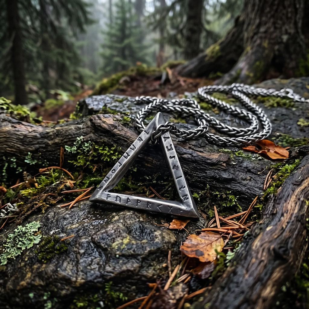 925 Sterling Silver Rune Necklace, Triangle Pendant, Gothic Viking Inspired Jewelry