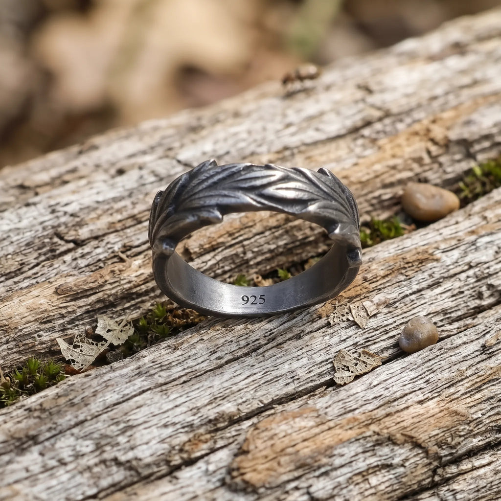 Vintage Oxidized 925 Sterling Silver Olive Leaf Ring-Custom Gift for Him