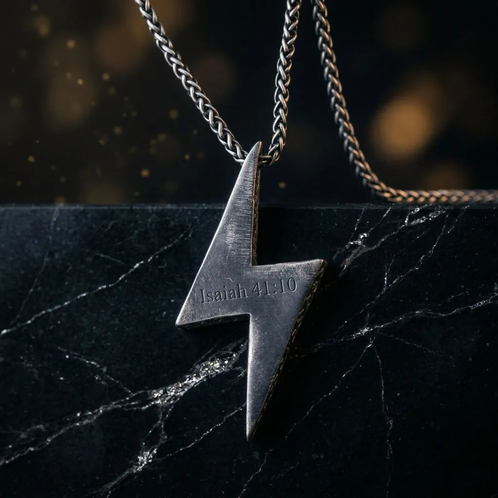 925 Sterling Silver Lightning Bolt Necklace, Christian Bible Verse Pendant, Mens Faith Jewelry