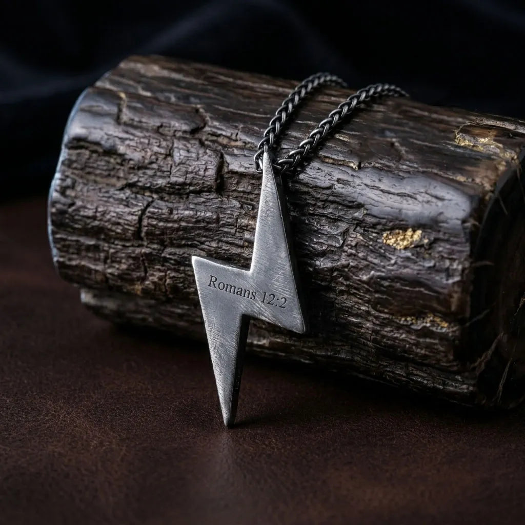 925 Sterling Silver Lightning Bolt Necklace, Christian Bible Verse Pendant, Mens Faith Jewelry