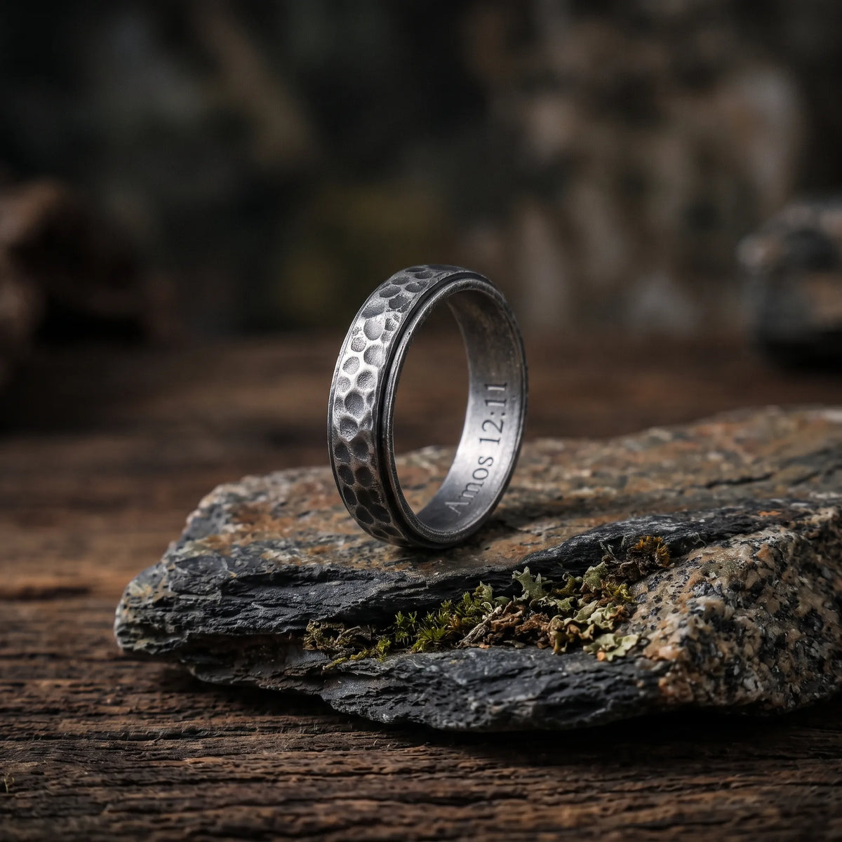 925 Sterling Silver Hammered Ring, Oxidized Textured Band for Men, Custom Engraved Ring, Rustic Wedding Band
