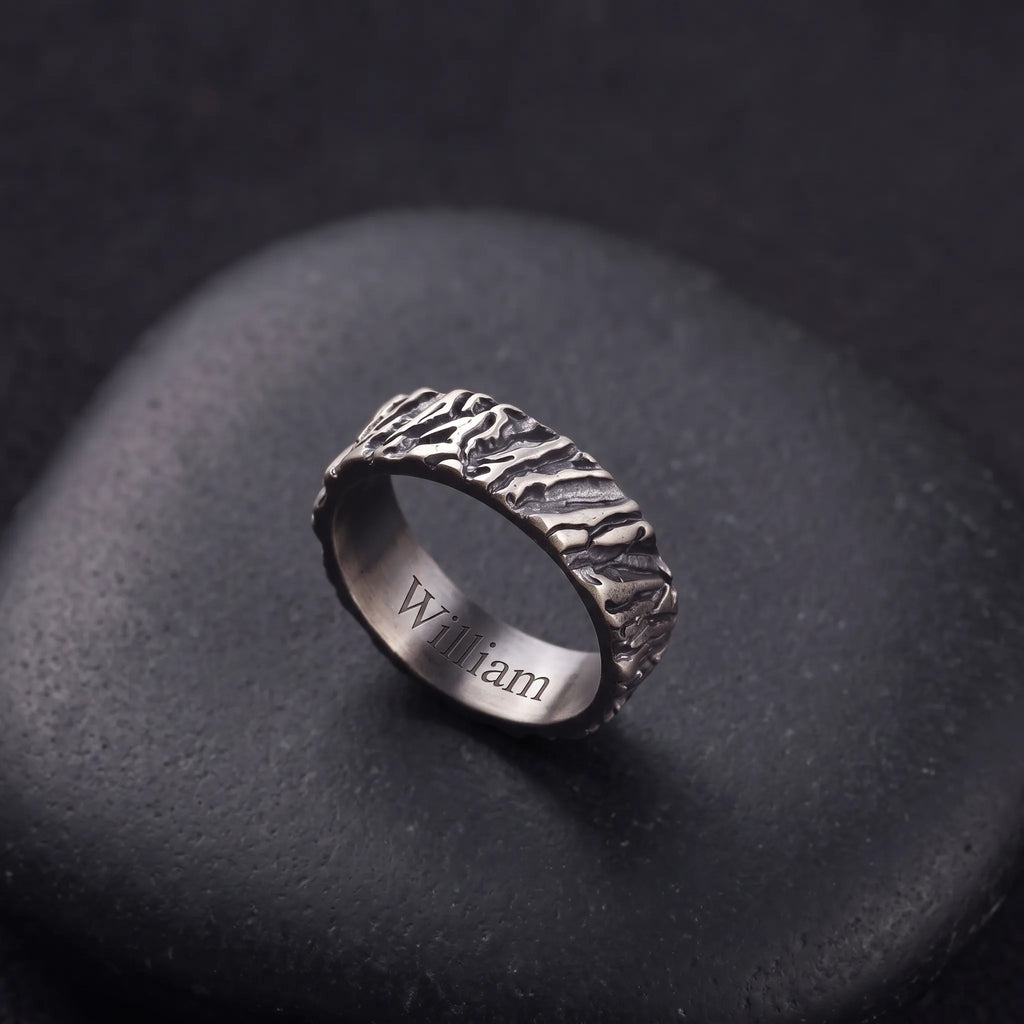 Custom Engraved Men's 925 Sterling Silver Lava Textured Ring