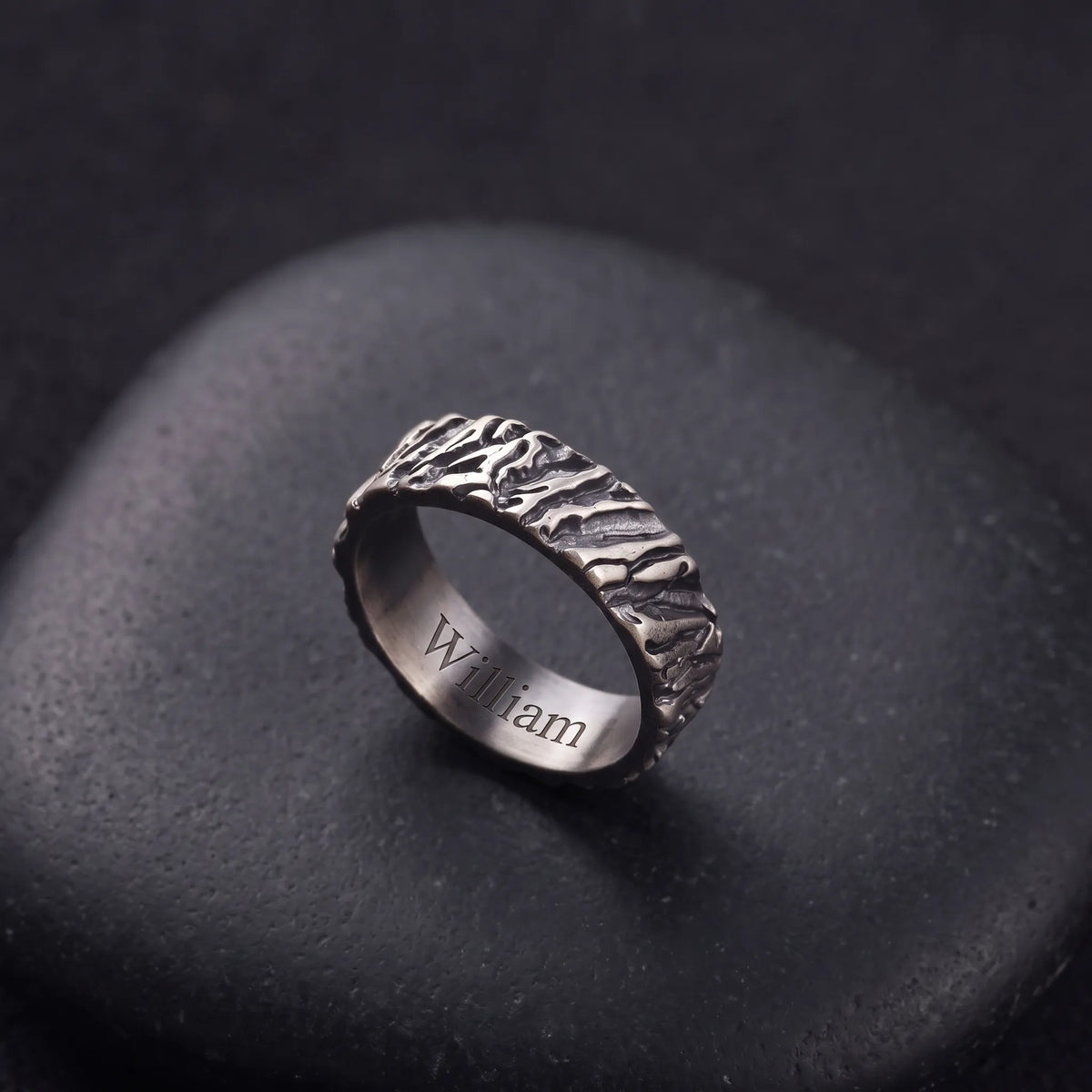 Custom Engraved Men's 925 Sterling Silver Lava Textured Ring