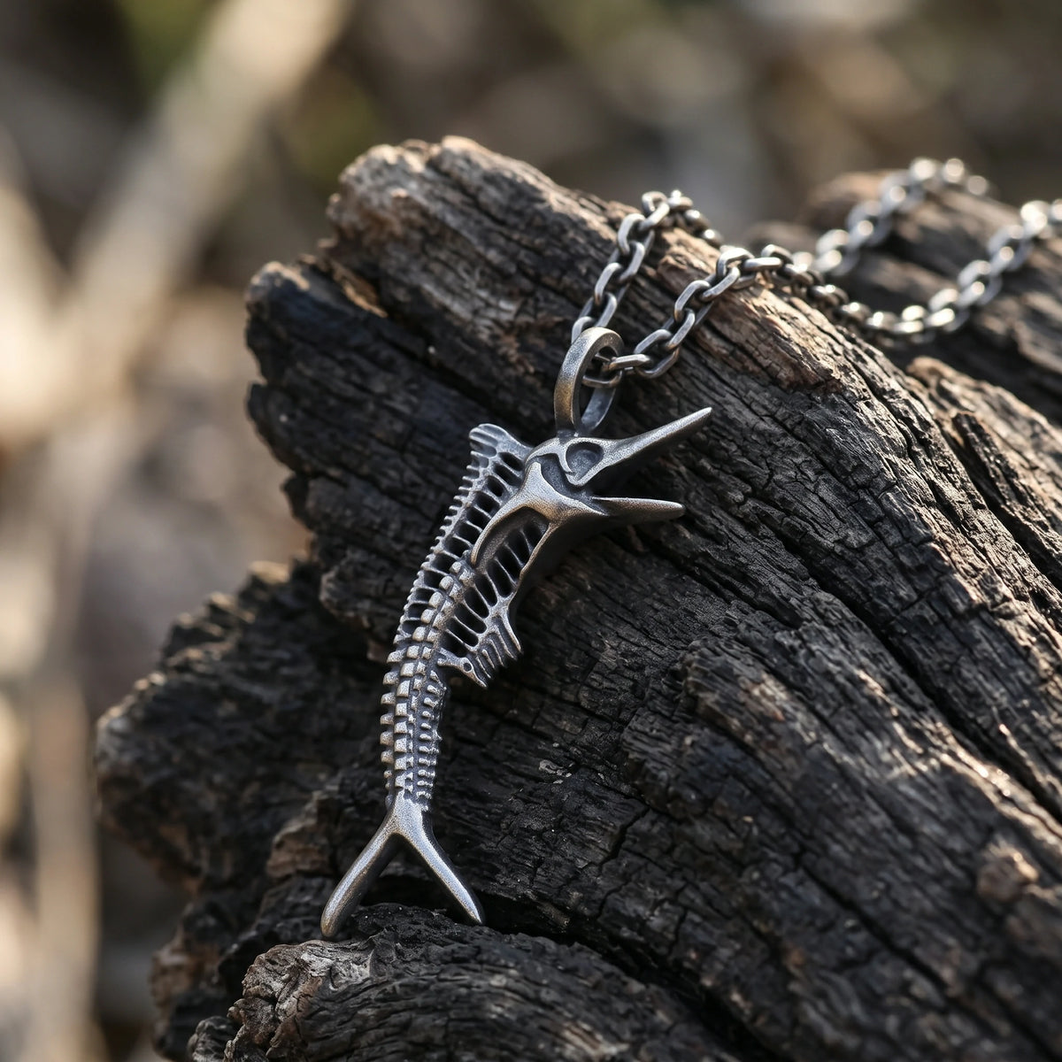 925 Sterling Silver Sailfish Skeleton Pendant Necklace, Vintage Marlin Fish Bone Jewelry