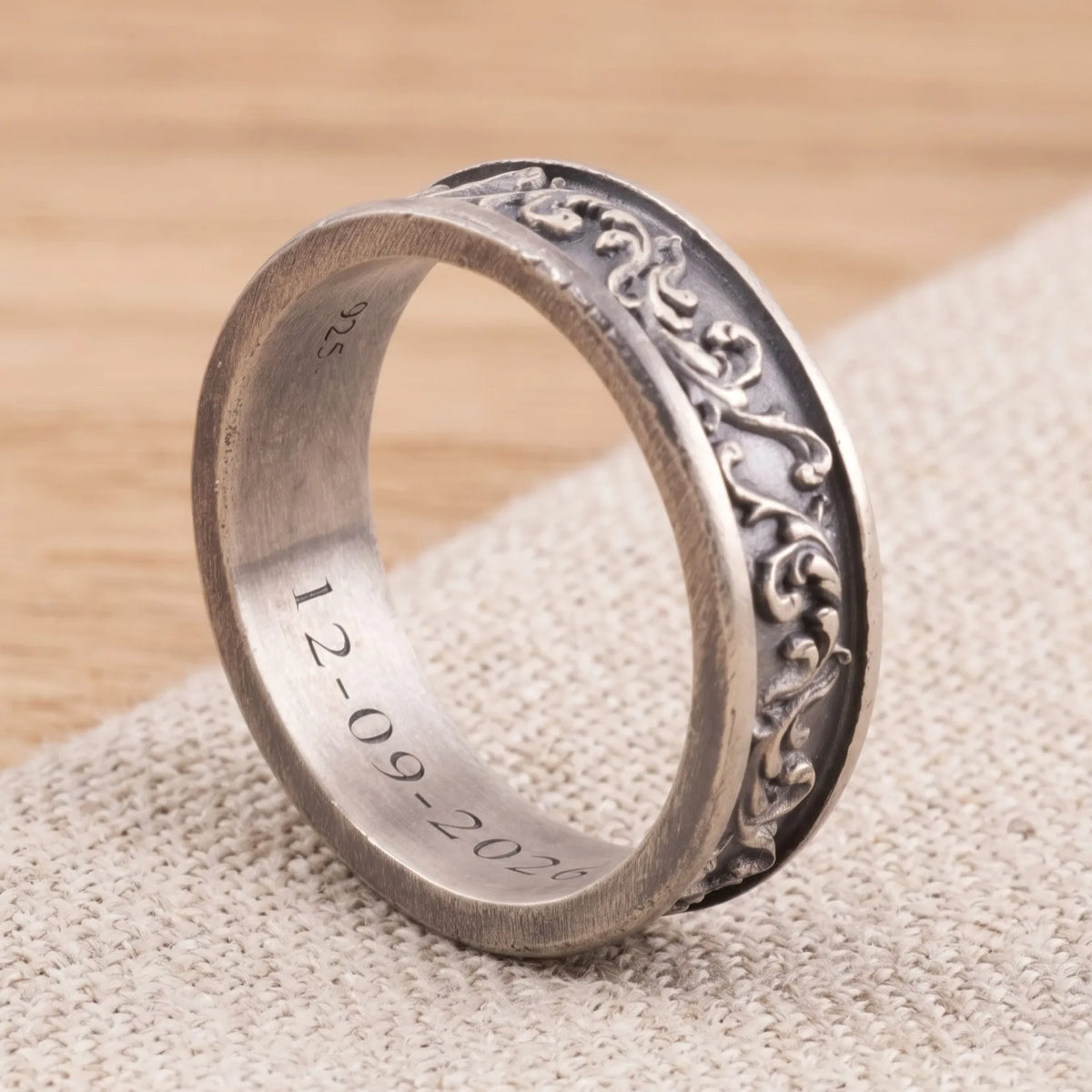 Personalized Vintage Acanthus Leaf 925 Sterling Silver Band, Custom Engraved Men's Ring