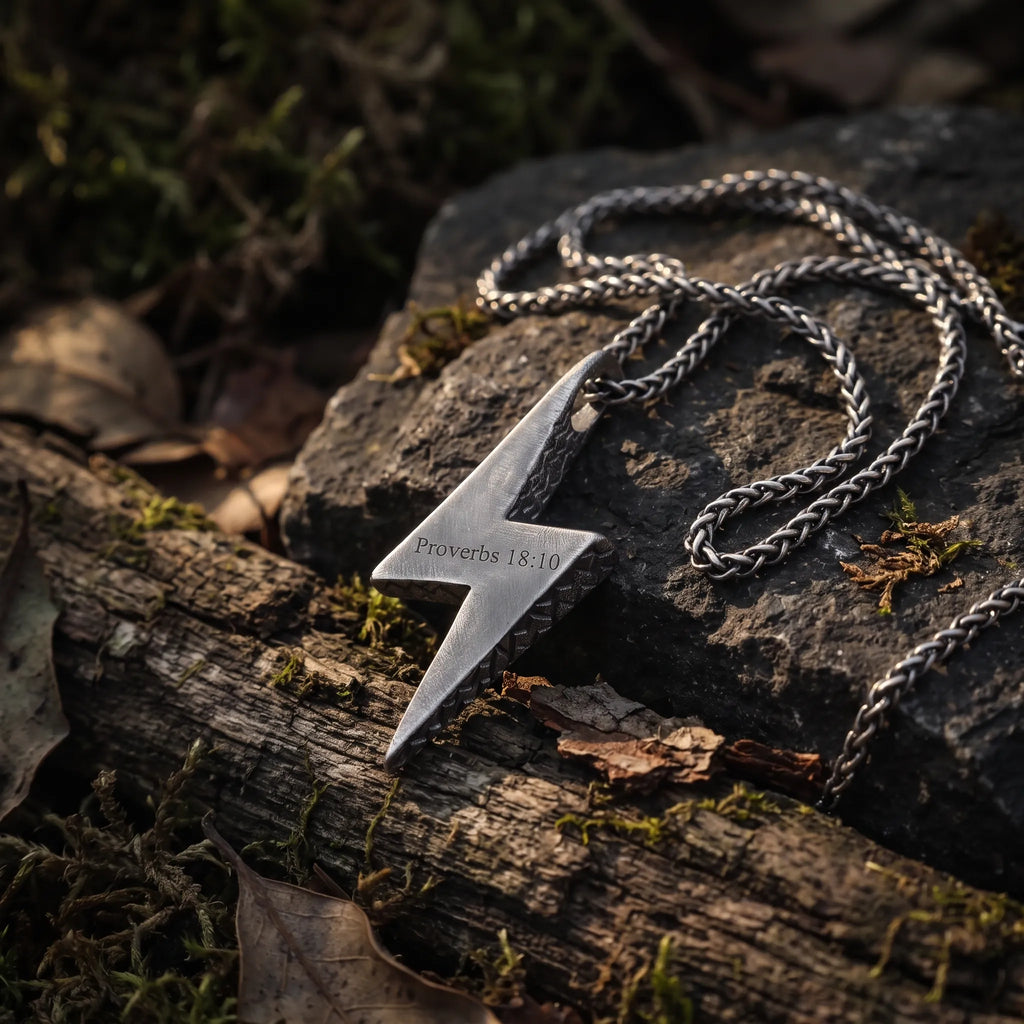 925 Sterling Silver Lightning Bolt Necklace, Christian Bible Verse Pendant, Mens Faith Jewelry