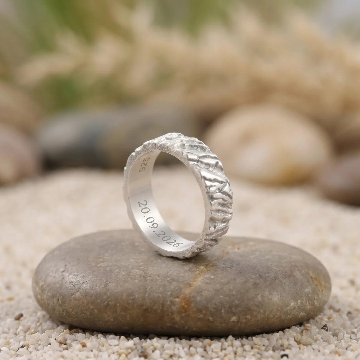 Custom Engraved Men's 925 Sterling Silver Lava Textured Ring