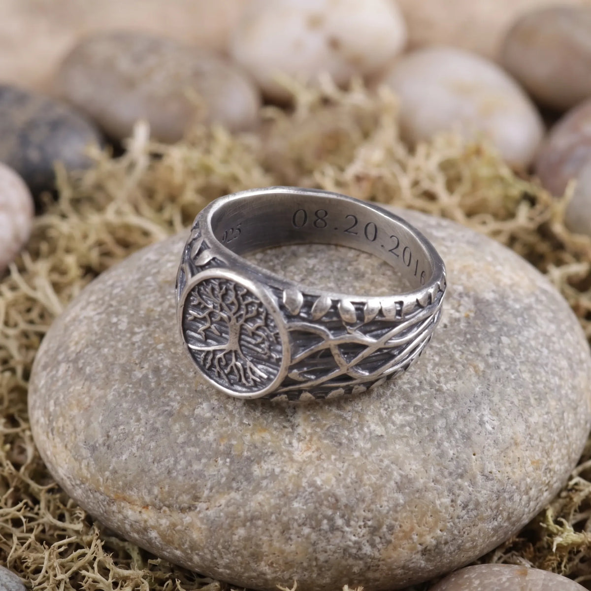 Men’s Personalized 925 Sterling Silver Tree of Life Ring, Celtic Family Tree Signet Band