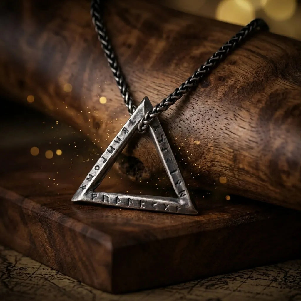 925 Sterling Silver Rune Necklace, Triangle Pendant, Gothic Viking Inspired Jewelry